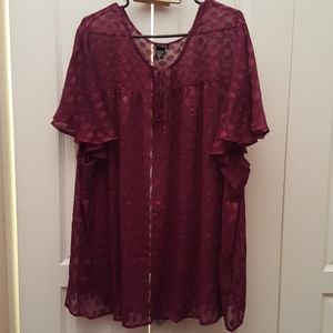 TORRID SHEER DEEP RED/PURPLE FLUTTER SLEEVE BLOUSE